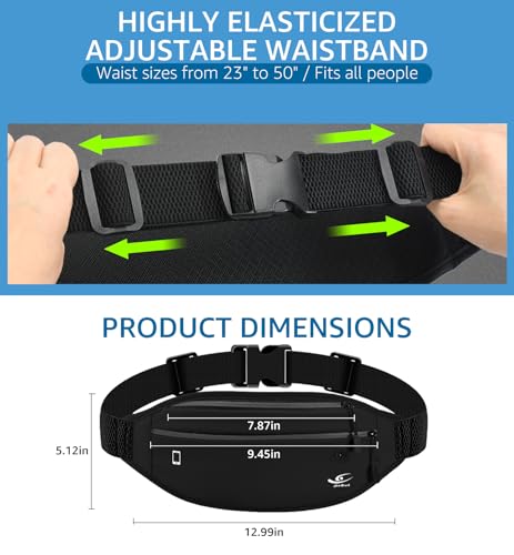 HiRui Slim Fanny Pack for Men Women, Adjustable Exercise Waist Pack Reflective Running Belt for Sports Workout Cycling Hiking, Casual Hands-Free Wallets Phone Bag Fits All Phones (Black)