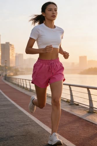 Halife Women's High Waisted Quick Dry Athletic Running Shorts with Pockets - color: Hot Pink, size: X-Large