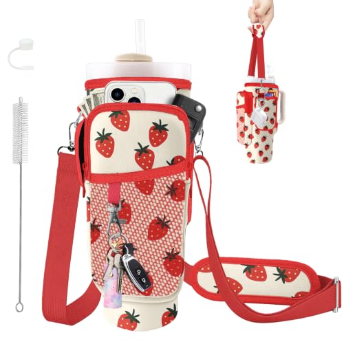 Water Bottle Carrier Bag for Stanley Cup 40/30oz, Neoprene Water Bottle Holder Pouch with 3 Pocket Adjustable Shoulder & Hand Strap - color: Cute Strawberry