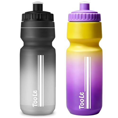 2 Pack Bike Water Bottle, Squeeze Water Bottle Leakproof BPA Free 24Oz - color: V-Black+Purple