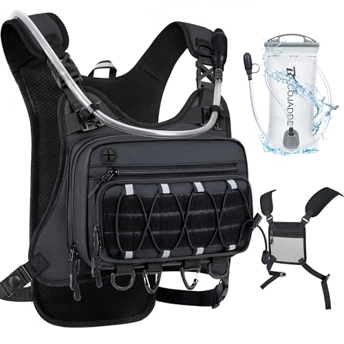 BECOJADDE Running Vest for Men with 2L Water Bladder Tactical Hydration Backpack Adjustable Lightweight Chest Pack for Marathon Hunting Cycling - color: Black