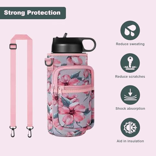 40oz Neoprene Water Bottle Sling with Phone Pocket, Crossbody - color: Flower Pink, size: 32oz Short