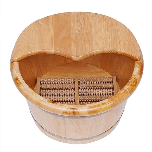 Wooden Foot Bath Bucket Foot Soaking Bath Basin with Lid Wood Footbath Barrel with Massage Roller Pedicure Barrel for Spa, Massage, Sauna 12.2 * 9.84in (Log Color) - color: Log Color