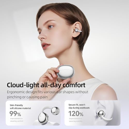 Open Ear Earbuds Clip On Headphones Wireless Earbuds for Workout(Silver) - color: Silver