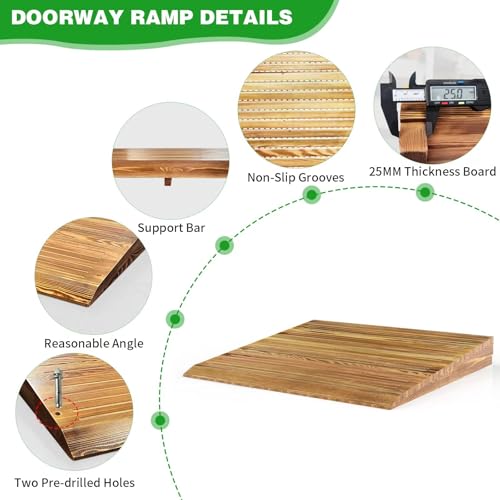 3" Rise Solid Wooden Threshold Ramp with Grooves for Home Steps/Wheelchairs - size: 3 inches