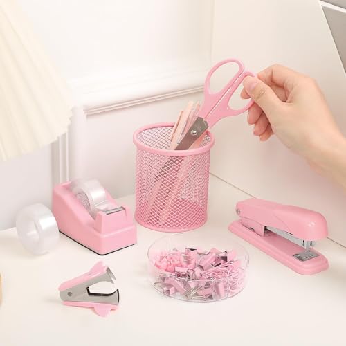 SKYDUE Pink Stapler and Tape Dispenser Set, Pink Office Desk Accessories - color: Pink