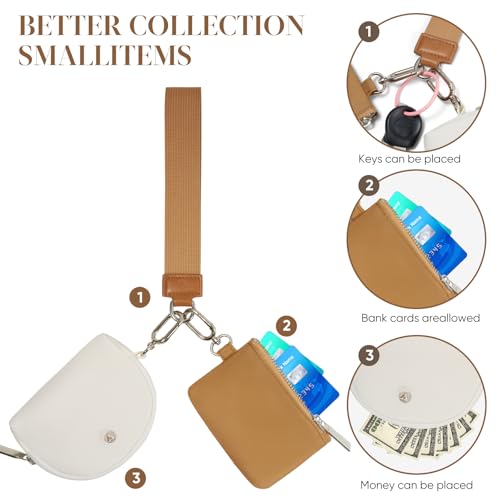 VUTUXA KeyChain Wallet Wristlet For Women Mini Zip Dual Pouch Coin Purse - color: white+brown