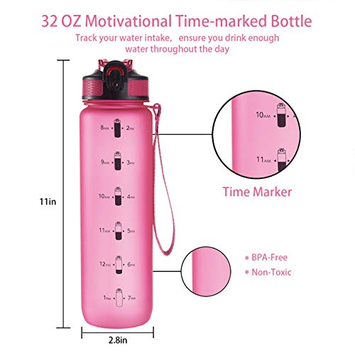 EYQ 32oz Water Bottle with Straw, Sports Bottle with Time Marker - color: R