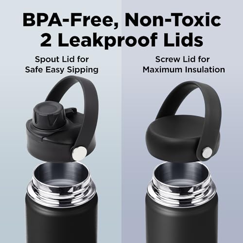 ThermoProof Double-Walled Vacuum Insulated Stainless Steel Water Bottle - Wide Mouth with Chug & Spout Lids, Dishwasher Safe, Reusable, Leakproof, Hot & Cold for Men, Women & Kids - 22oz, Black - color: Black, size: 22 Ounces