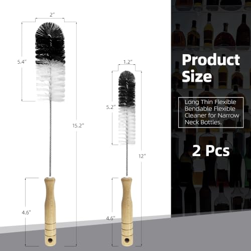2 Pcs Bottle Brushes Set with Wooden Handle, Long Thin Flexible Cleaner - size: 14.8" standard