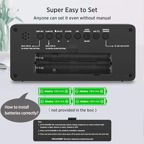 Peakeep Battery Operated Digital Alarm Clock for Bedrooms Big Numbers - color: Green Digits
