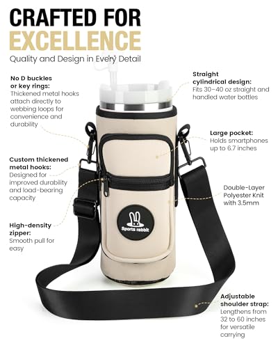 Sports rabbit Universal Water Bottle Holder with Strap & Phone Pocket - color: Cream, size: 40OZ