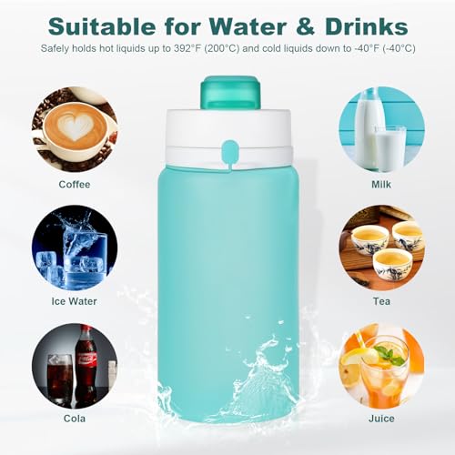 PLTCAT Collapsible Water Bottles, 19oz Foldable Silicone Travel Bottles - color: Green and Taro Purple
