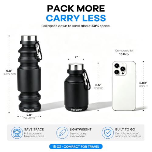 Nefeeko Collapsible Water Bottle, 18floz Reuseable BPA Free Silicone Foldable Bottles for Travel Gym Camping Hiking, Portable Leak Proof Sports Water Bottle with Carabiner - color: Black-18oz