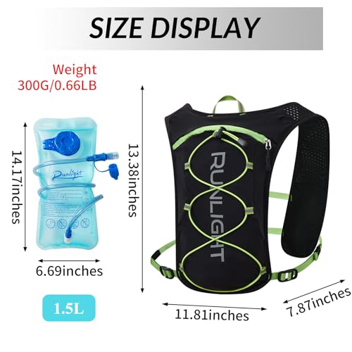 Runlight Running Vest for Women Men Lightweight Hydration Backpack Pack with 1.5L Water Bladder Bag Hydro Daypack for Hiking,Trail,Skiing,Camping,Cycling,Race,Marathon - color: Black Green