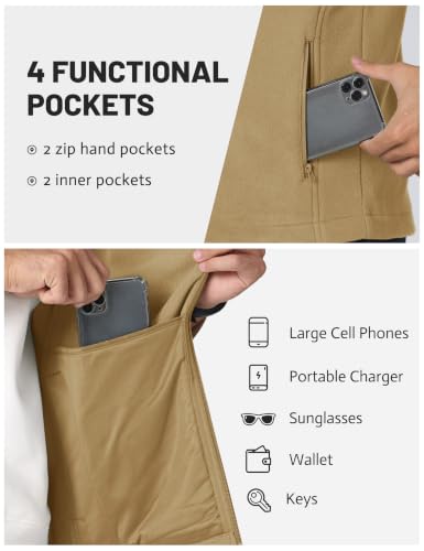 TACVASEN Men's Fleece Vest Winter Casual Vests Outerwear Sleeveless Jacket - color: Khaki, size: Large