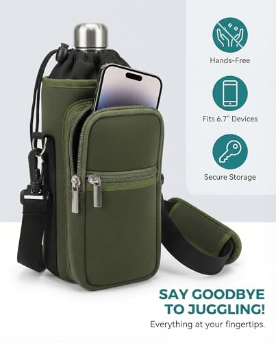 AUPET Water Bottle Sling Bag Sleeve Holder Carrier 25/32/40/64 oz,Insulated Crossbody Water Bottle Case Cover with Strap and Pockets for Men/Women Walking Hiking - color: Dark Olive Green, size: 25oz