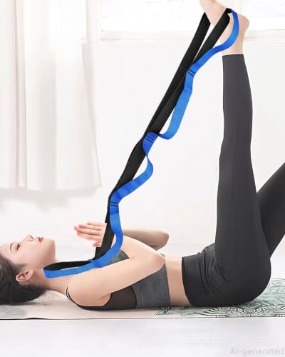 10 Loop Yoga Stretching Strap for Physical Therapy - Non-Elastic Exercise Band for Pilates, Yoga, Stretching for Women & Men - color: Black+Blue