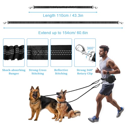 ETACCU Hands Free Dog Leash with Zipper Pouch, Waist Belt for Large Medium 2 Dogs for Running, Walking, Jogging and Hiking, Dual Padded Handles and Durable Bungee - Black (2 Dog) - color: 2 Dog Black