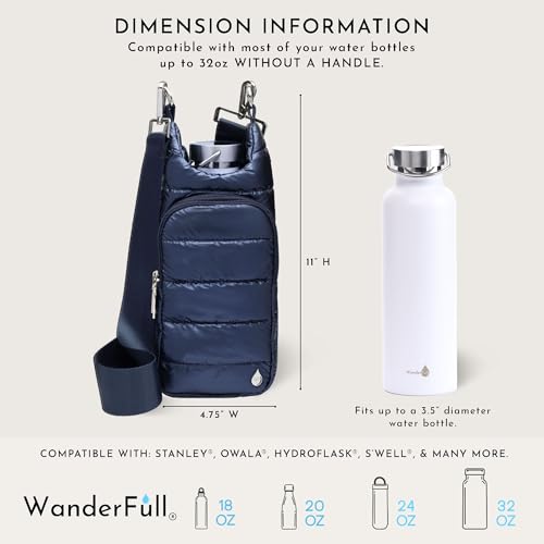 WanderFull Original HydroBag Crossbody Water Bottle Holder with Phone Pocket, Fits Water Bottles up to 32 oz - color: Navy Blue Shiny - Striped Strap