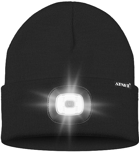 ATNKE LED Lighted Bluetooth Beanie Hat,USB Rechargeable 4 LED Wireless Music Running Headlamp Cap Gift for Men and Women - color: #Black