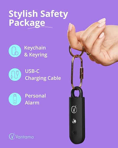 Vantamo Personal Alarm for Self Defense with Low Battery Notice, Strobe Light & Extra Loud 130 dB Double Speakers Safety Keychain Set for Women, Rechargeable Panic Button for Womens Self Defense - color: Charcoal