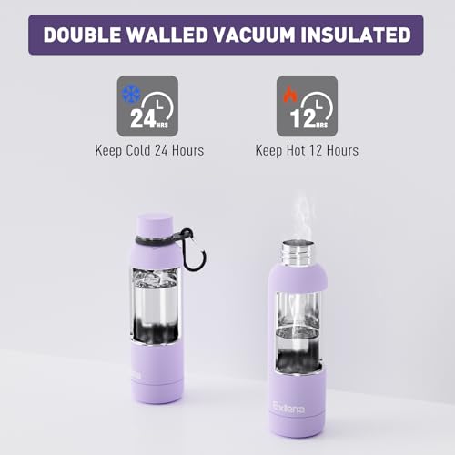 Exllena Slim Insulated Water Bottles for Travel 18oz with Clip, Double Wall Vacuum Stainless Steel Water Bottle Keeps Drinks Cold 24 Hrs/Hot 12 Hrs, 100% Leakproof, BPA Free(Purple) - color: Purple, size: 500 ml