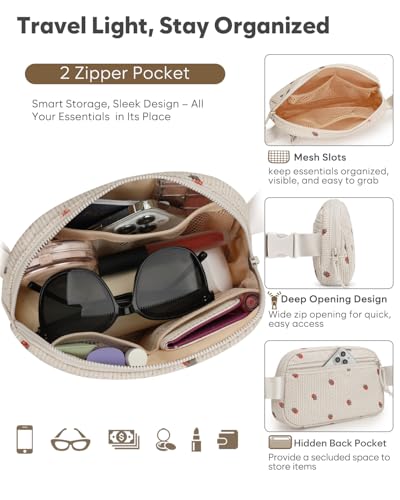 Pritent Fanny Packs for Women Crossbody Belt Bag With Zipper Back Pocket - color: Strawberry Beige, size: Large