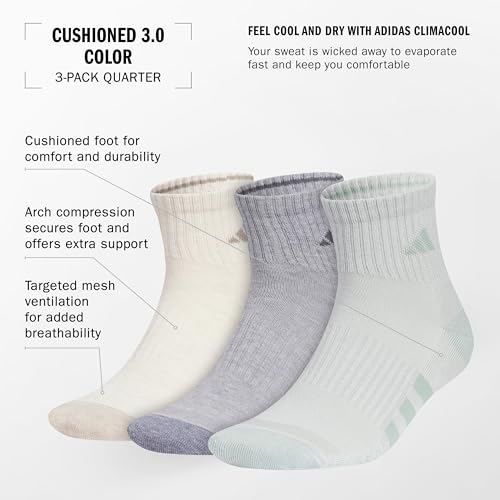 adidas Cushioned 3.0 3-Pack Quarter Socks - color: Alumina Heather/Cool Light Heather/Wonder Silver/3/Color