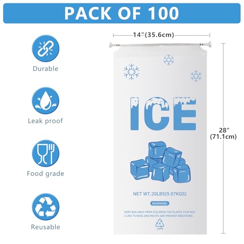 100 PACK 20 lb. Plastic Ice Bags with Cotton Draw String 14 x 28 Inch Heavy-Duty Plastic Ice Storage Bags with Draw String (2.8mil Thickness, Ice Cube pattern) - style: 14x28inch(100pack)Cotton Drawstring-Ice Cube Pattern