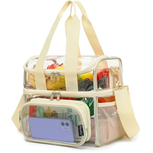 FlowFly Double Layer Cooler Insulated Lunch Bag Adult Lunch Box Large Tote Bag for Men, Women, With Adjustable Strap,Front Pocket and Dual Large Mesh Side Pockets - color: Clear#Biege