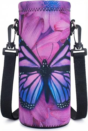 AUPET Water Bottle Sling Bag Carrier Crossbody Sleeve,Insulated Neoprene Bottle Case Holder Pouch Cover 500ML/17oz with Shoulder Strap for Walking Women Men - color: Purple Butterfly