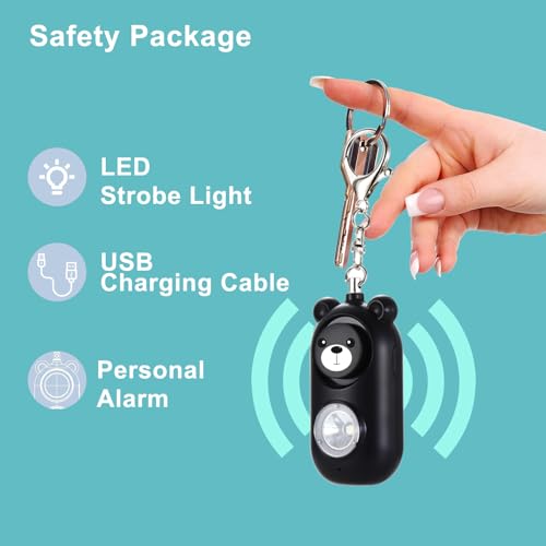Personal Safety Alarm Keychain with LED Light, 130dB Emergency Alert, Rechargeable Bear Design for Women, Children,Girls - color: Black