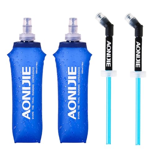 JEELAD Soft Folding Water Bottles TPU Collapsible Flask Hydration Pack Ideal for Running Hiking Cycling Outdoor - color: 500ml / 16.9oz with Straw - Pack of 2