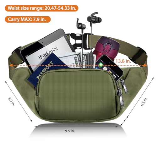Large Fanny Pack for Women Men - Syican Waist bag with 3-Zipper Pockets - color: Army green+Extended Belt