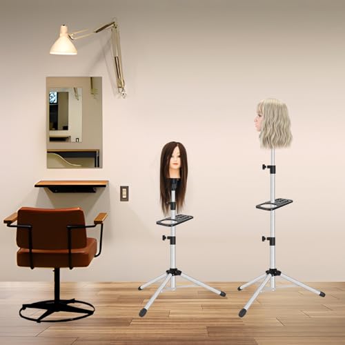 ZQIAN BEAUTY Wig Stand Tripod 50 Inch Metal Wig Mannequin Head Tripod Stand For Hairdressing Training Head Adjustable Wig Tripod Stand with Tool Tray (Silvery, Mannequin Head Not Included) - color: Silvery, size: 50 Inch