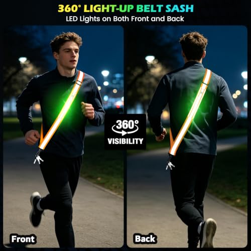 Fokia Kunbio LED Reflective Running Gear High Visibility Reflective Belt Sash with Armband for Walking at Night,Adjustable Running Safety Gear Light Up Running Belt for Runners Walkers Men Women - color: Orange
