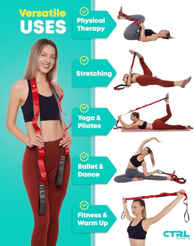 Stretching Strap with Loops - Non Elastic Yoga Strap for Physical Therapy - style: 12 Loops - Red