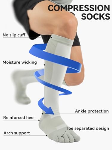 Compression Toe Socks for Men and Women 15-20mmHg, 3 Pairs, Knee High Five Finger Stockings - color: 04-beige-3pcs, size: Large