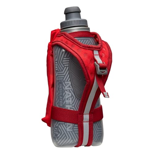 Nathan SpeedDraw 2 Insulated Handheld Running Water Bottle Flask 18oz – Double-Wall Insulation, Ergonomic Grip, Blast Valve Cap, Phone & Key Storage Pockets, Reflective Design - color: 18oz Insulated - Ribbon Red