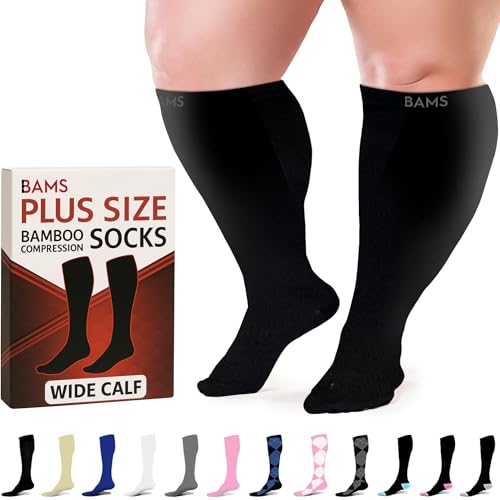 BAMS Plus Size Compression Socks Wide Calf XL XXL XXXL – Graduated Knee-High Support, Viscose from Bamboo Easy-On/Easy-Off - color: Black, size: XX-Large