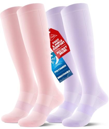 PULIOU Compression Socks for Women Men 15-20 mmHg Easy On Off,2 Pairs - color: Pink + Purple, size: Small-Medium