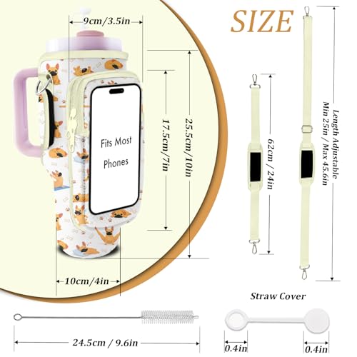 Water Bottle Carrier Bag for Stanley 40/30oz Cup Tumbler with Phone Pocket,Insulated Crossbody Water Bottle Holder with Adjustable Strap,Water Bottle Sling Pouch for Hiking Walking Camping Accessories - color: French Bulldog Dog