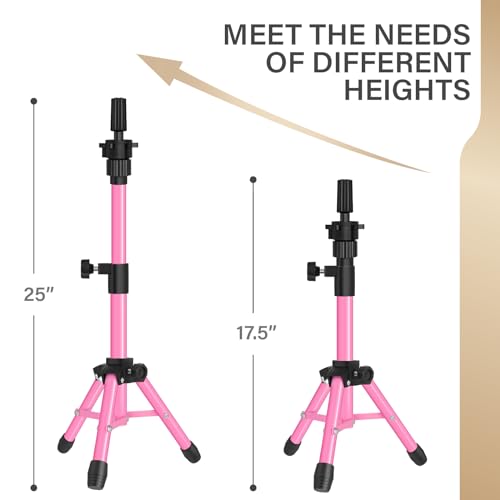ZQIAN BEAUTY 25 Inch Wig Stand Tripod, Adjustable Mannequin Head Stand, Wig Head Stand for Training Heads And Canvas Block Head (Pink, Mannequin Head Not Included) - color: Pink, size: 25 Inch