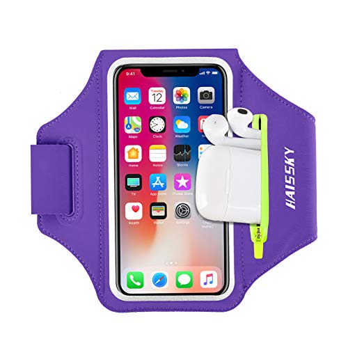 Running Armband with Earphone Pouch Fits Phones up to 6.9" - color: Purple (Up to 6.9''), size: Medium