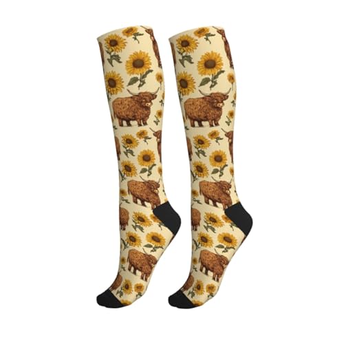Cute Compression Socks Knee High Support Stockings Women Men - color: Highland Cows Sunflower