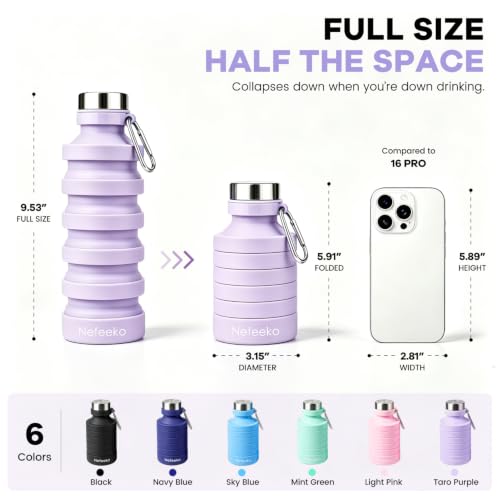 Nefeeko Collapsible Water Bottle, Reuseable BPA Free Silicone Water Bottles - color: Taro Purple-27oz