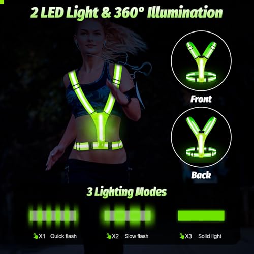 LED Reflective Running Vest - Light Up With 3 Modes, Rechargeable Night Gear for Runners - Safety Belt for Women Men
