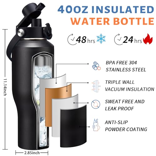 40 oz Insulated Water Bottle Fits Car Cup Holder with Straw Lid & Auto Lid - color: Onyx Black, size: 40 Ounces