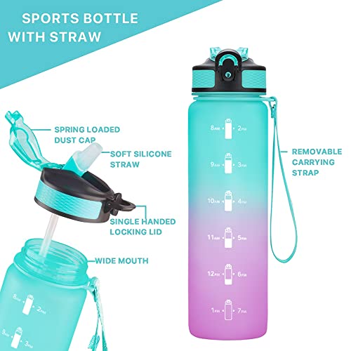 EYQ 32oz Water Bottle with Straw, Sports Bottle with Time Marker - color: 5.Green/Purple Gradient
